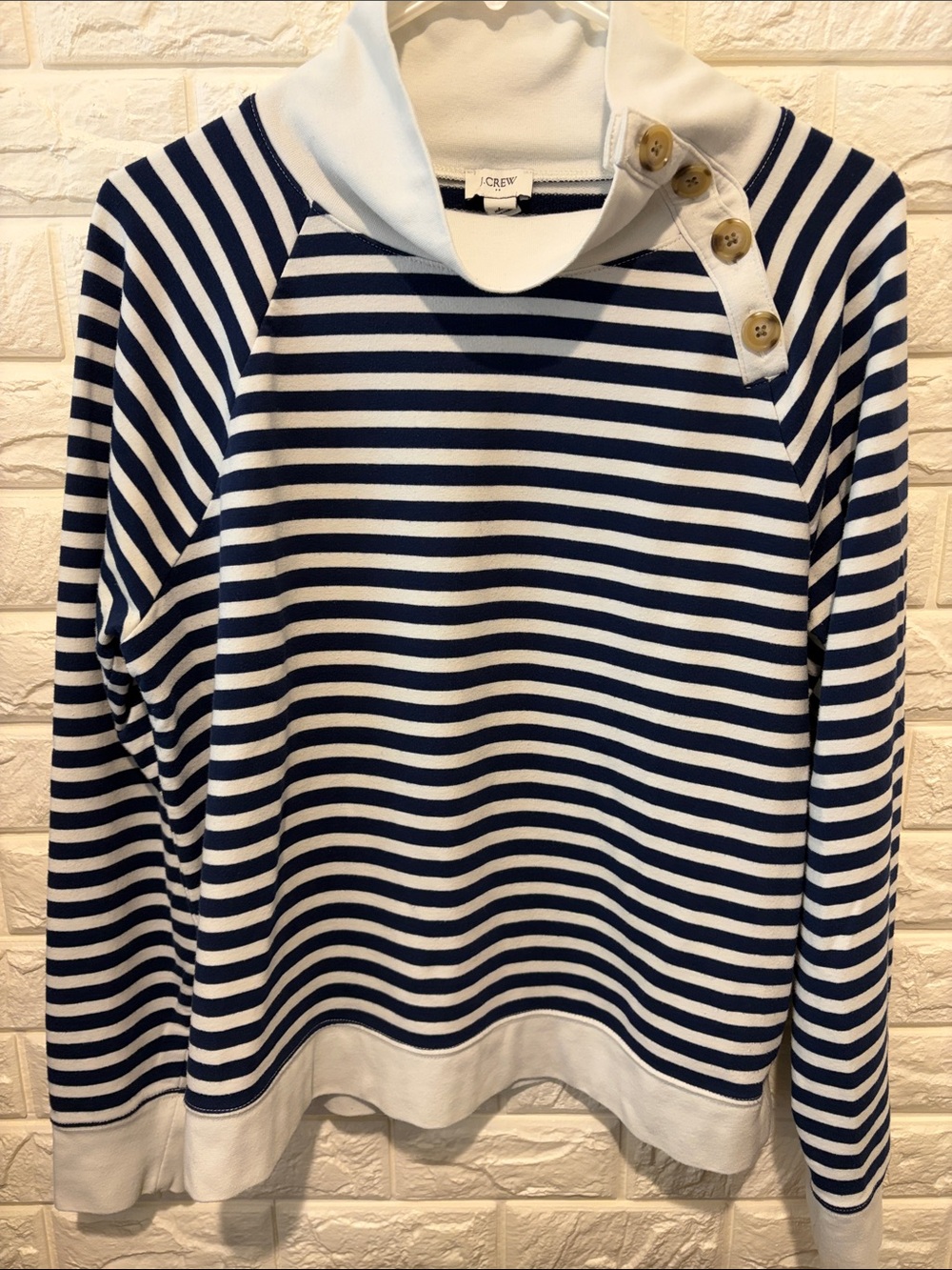 J. Crew Navy and White Striped Button-Shoulder Pullover